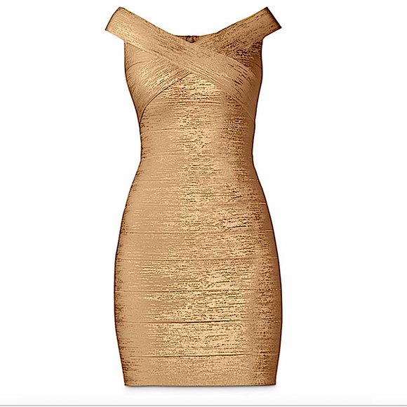 Hervé Leger Gold with Tag Foil Knit Bodycon Cocktail Dress - Picture 1 of 9